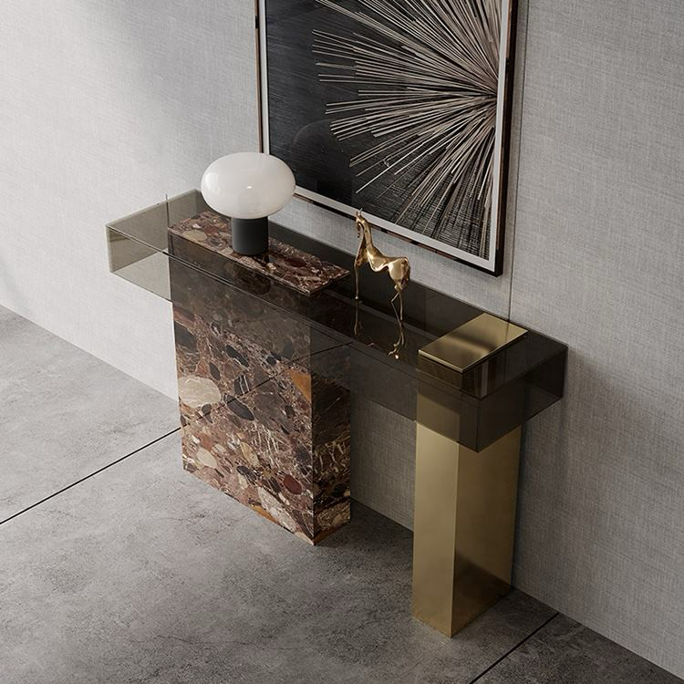 Monolith Marble, Smoked Glass & Brass Console Table by Marble on Glass
