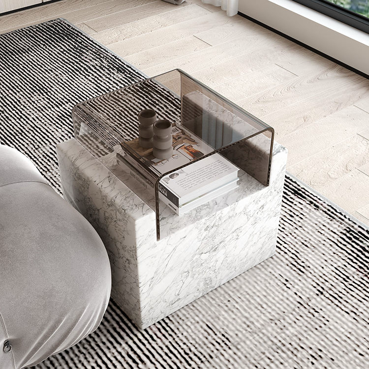Monolith Cube White Marble & Glass Side Table by Marble on Glass
