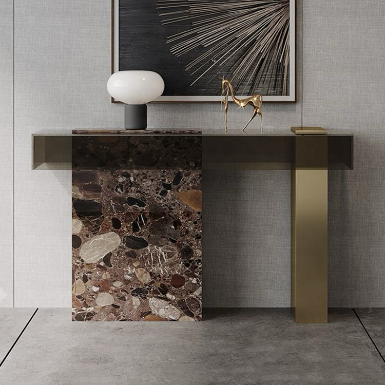 Monolith Marble, Smoked Glass & Brass Console Table – view 2