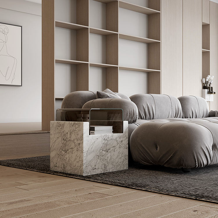 Monolith Cube White Marble & Glass Side Table – view 2