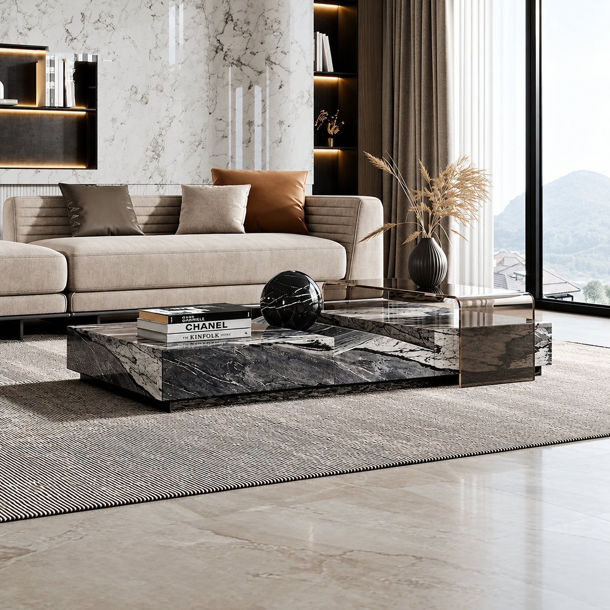 Monolith Grand Black Marble & Smoked Glass Coffee Table – view 2
