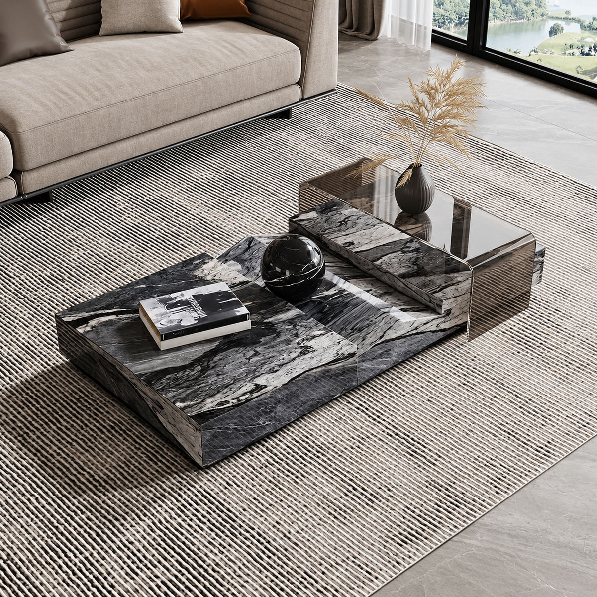 Monolith Grand Black Marble & Smoked Glass Coffee Table by Marble on Glass