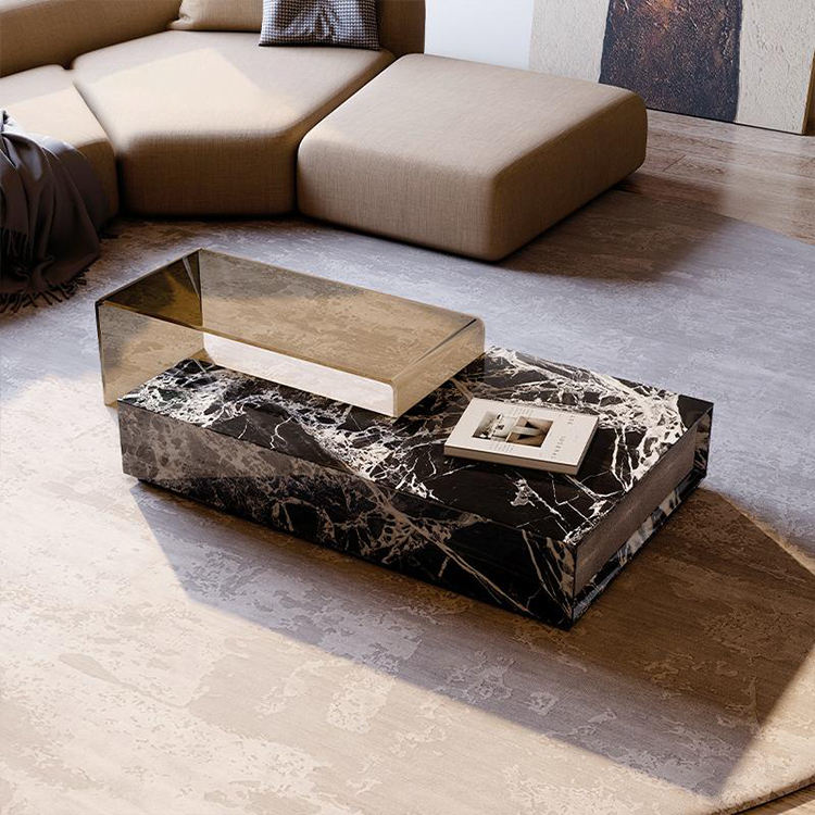 Monolith Grand Black Marble & Amber Glass Coffee Table by Marble on Glass