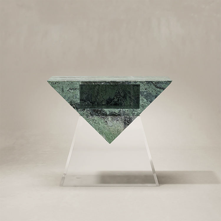 Pyramid Sculptural Marble & Acrylic Nightstand – view 2