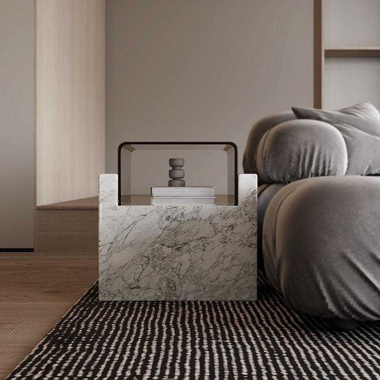 Monolith Cube White Marble & Glass Side Table – view 3