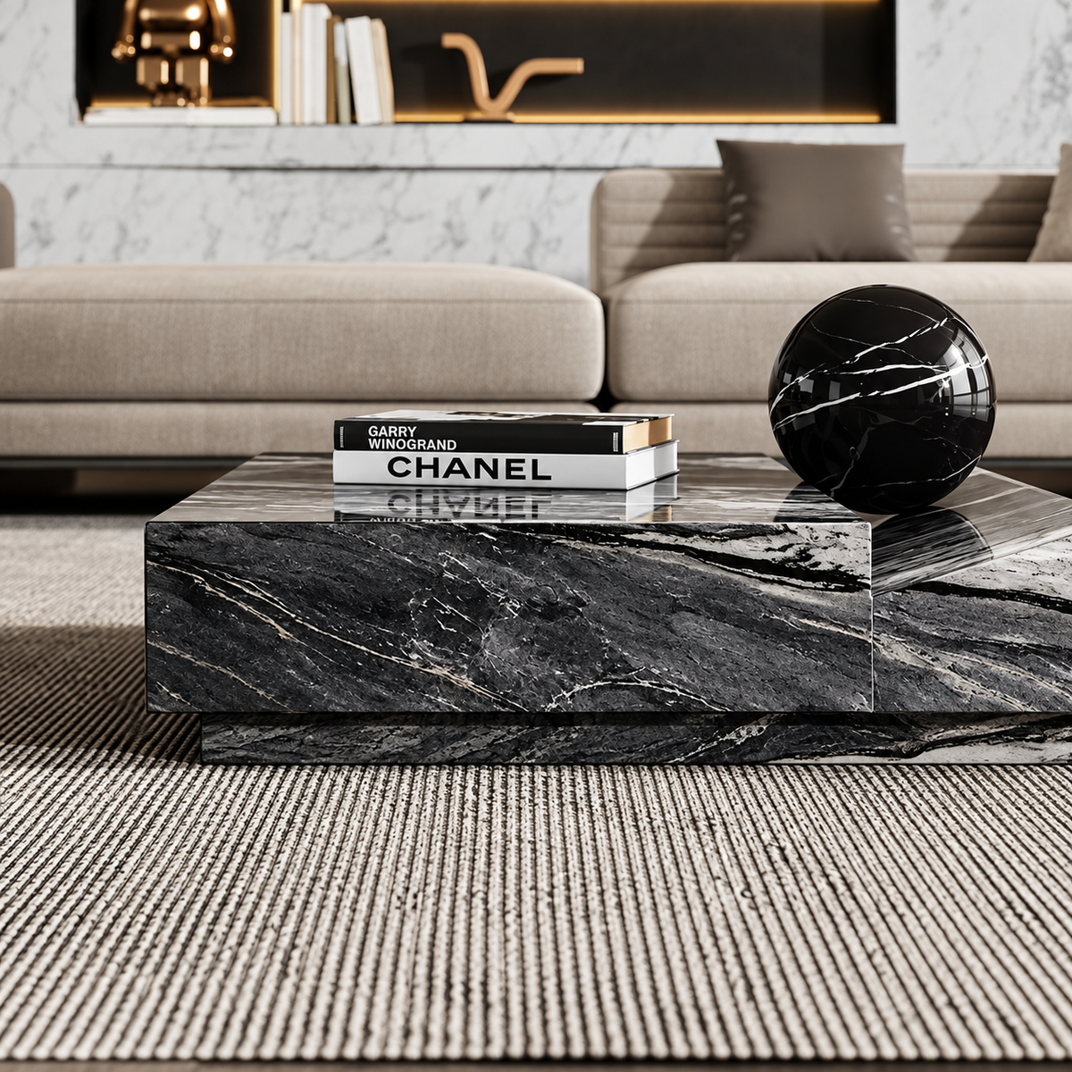 Monolith Grand Black Marble & Smoked Glass Coffee Table – view 3